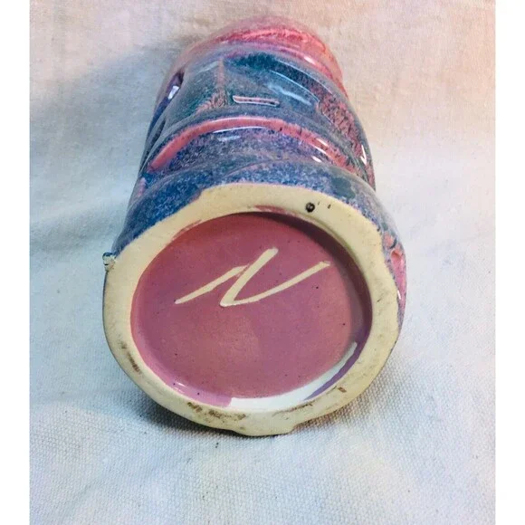 Vintage Large Cylinder Vase Geometric Pink And Blue Glaze Retro